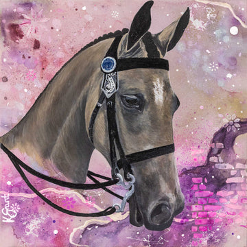 Waiting in the Wings equestrian canvas print by Australian artist Kerrie Grant, featuring a brown English show saddle against a pink and purple mixed-media background