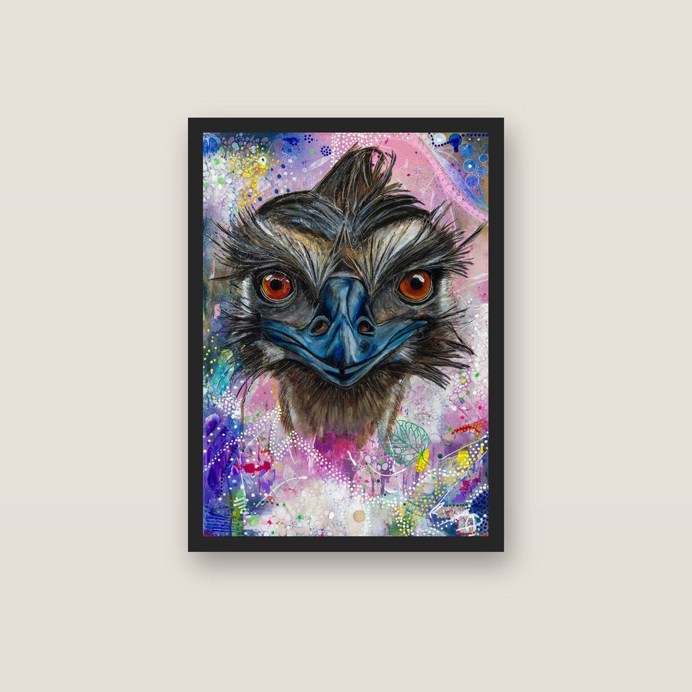 Cheeky Beak emu canvas print by Kerrie Grant in a black floating frame
