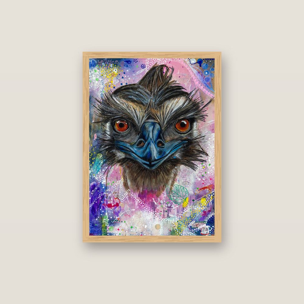Cheeky Beak emu canvas print by Kerrie Grant in an oak floating frame