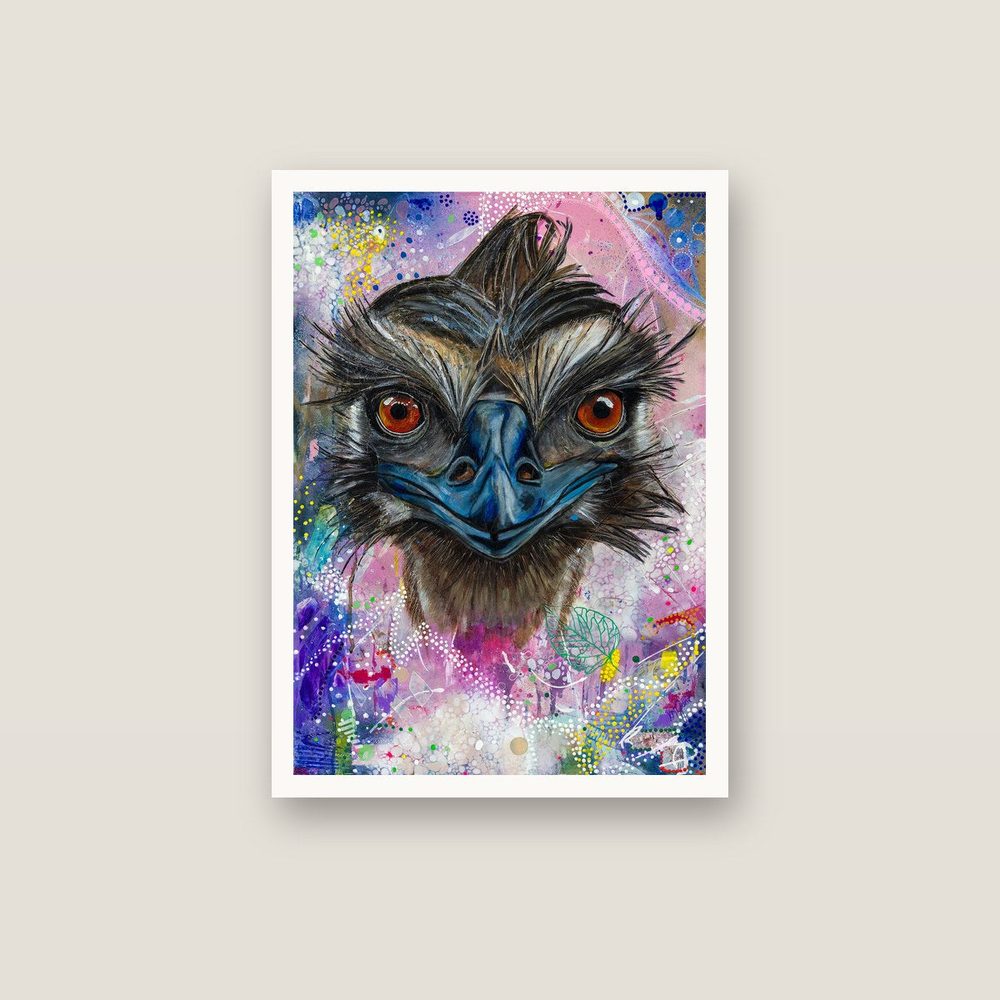 Cheeky Beak emu canvas print by Kerrie Grant in a white floating frame