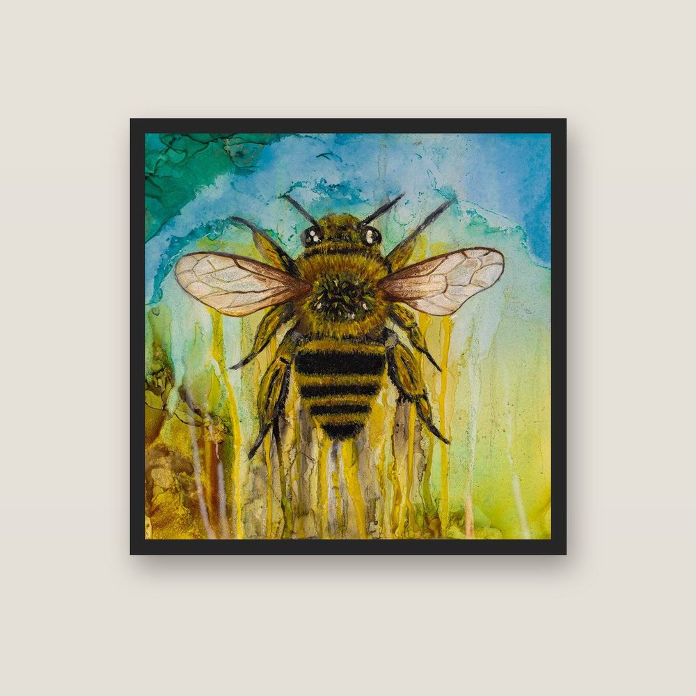 Dripping with Pollen bee canvas print by Kerrie Grant in a black floating frame