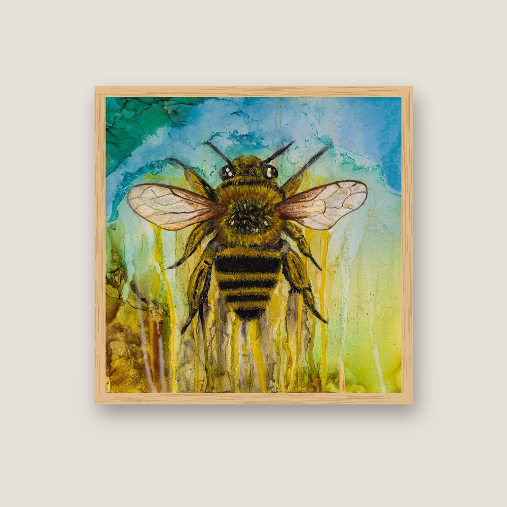 Dripping with Pollen bee canvas print by Kerrie Grant in an oak floating frame