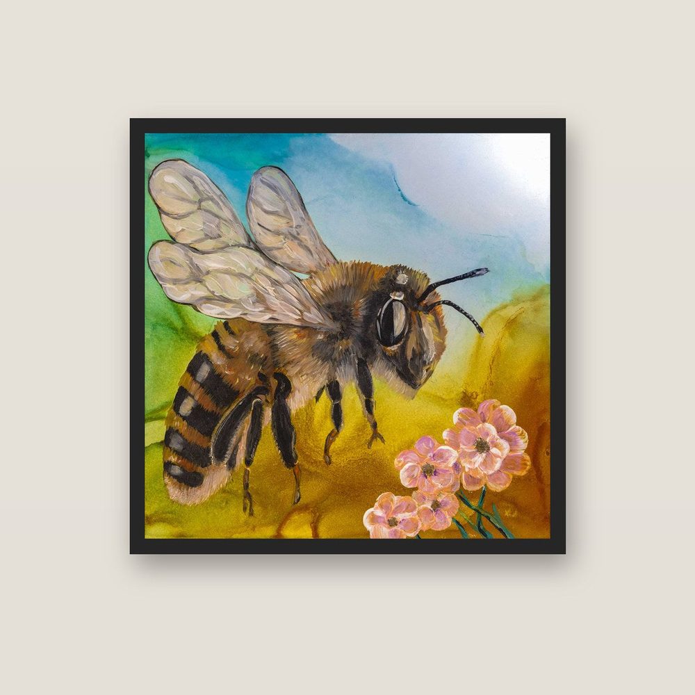 Hover Buzz bee canvas print by Kerrie Grant in a black floating frame