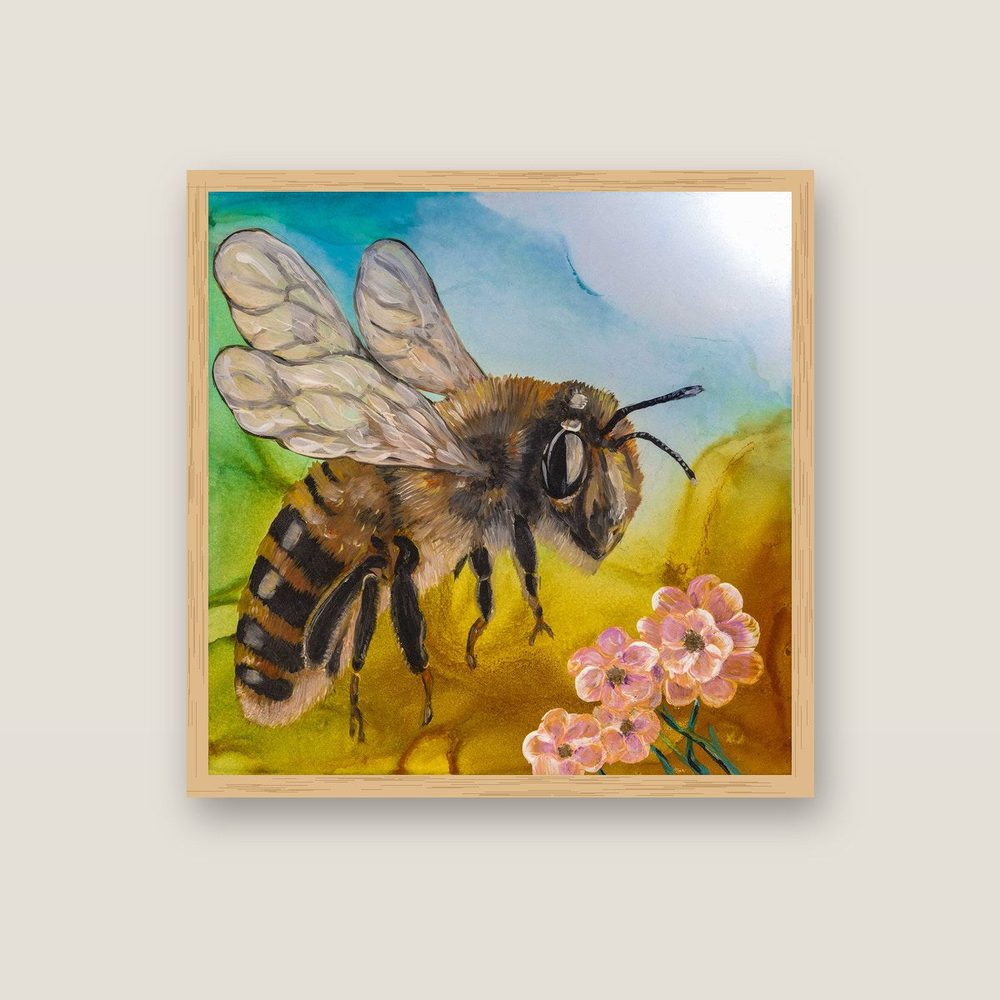 Hover Buzz bee canvas print by Kerrie Grant in an oak floating frame