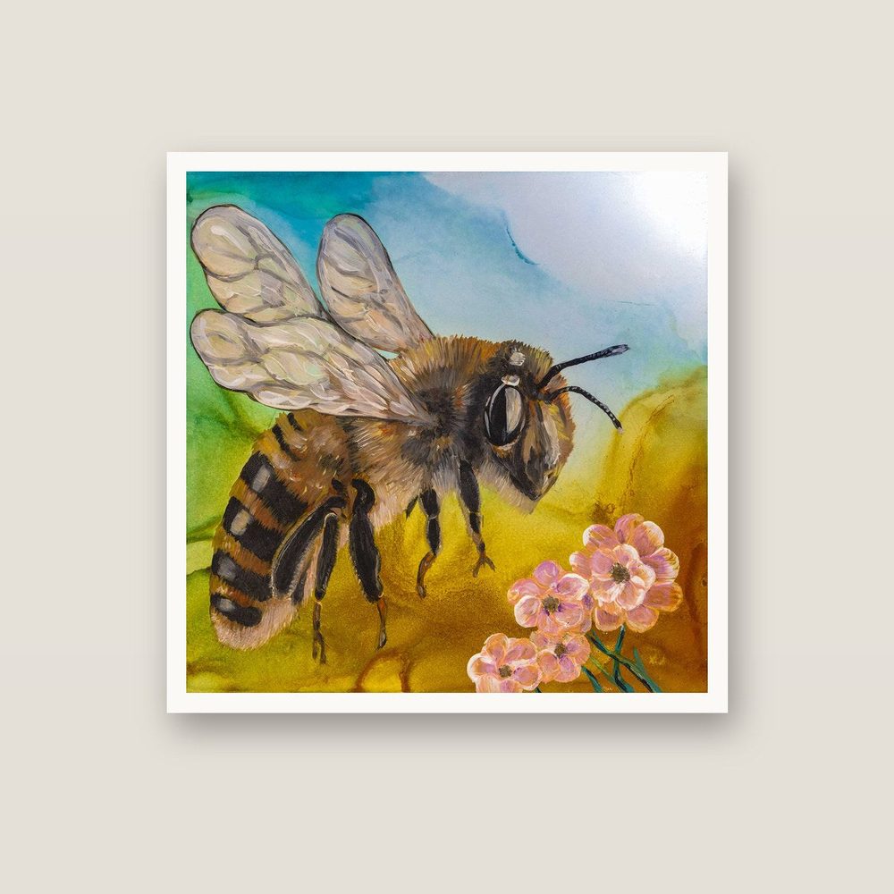 Hover Buzz bee canvas print by Kerrie Grant in a white floating frame