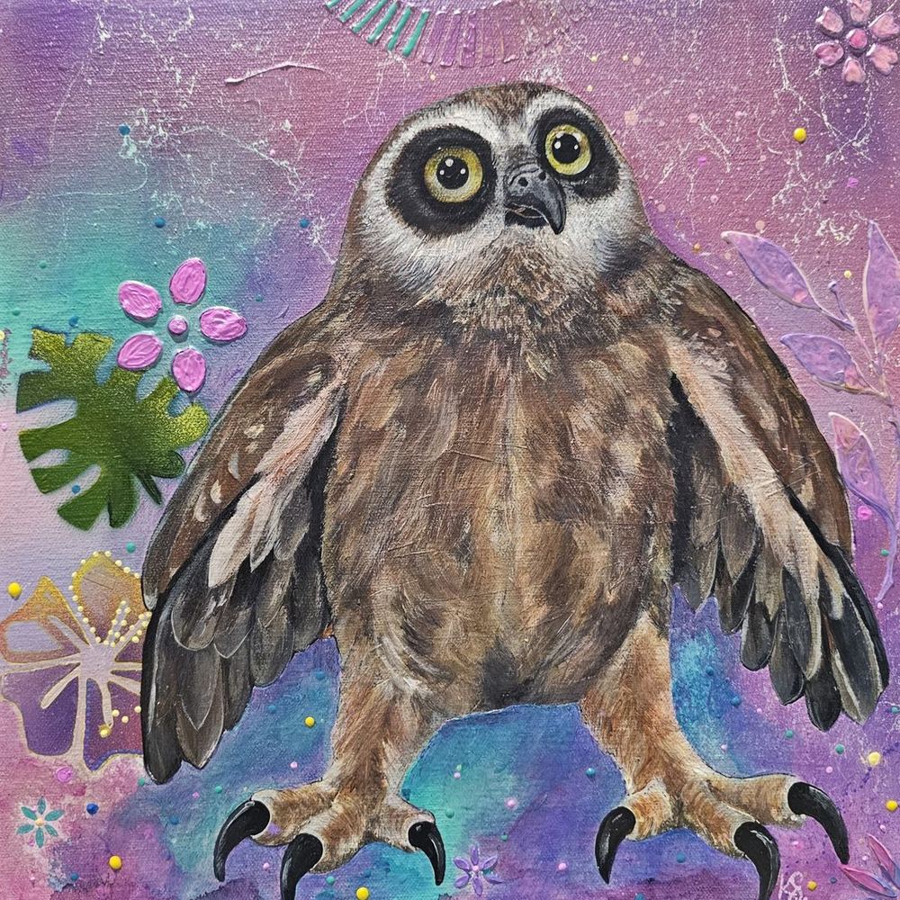 Little Boo, original boobook owl painting by Australian artist Kerrie Grant
