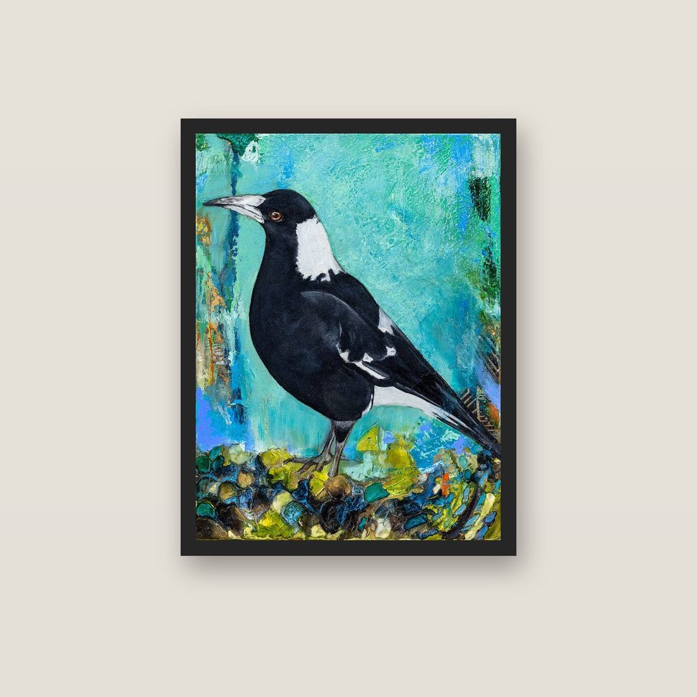 Maggie Magpie canvas print by Kerrie Grant in a black floating frame