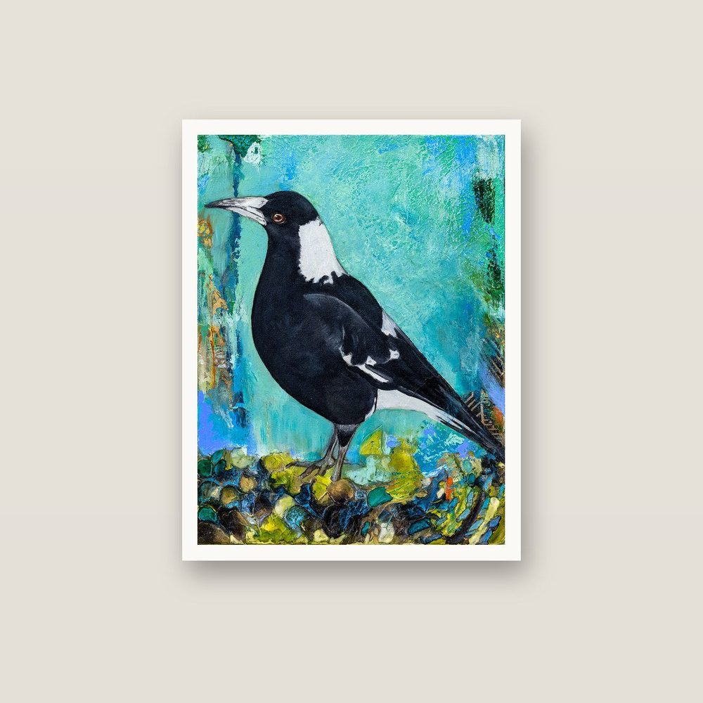 Maggie Magpie canvas print by Kerrie Grant in a white floating frame