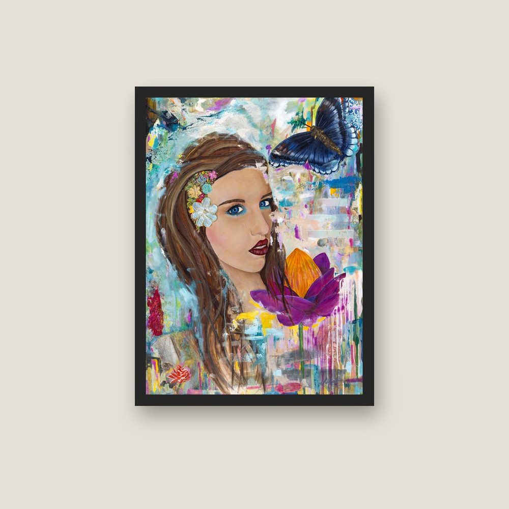 Precious contemporary portrait canvas print by Kerrie Grant in a black floating frame