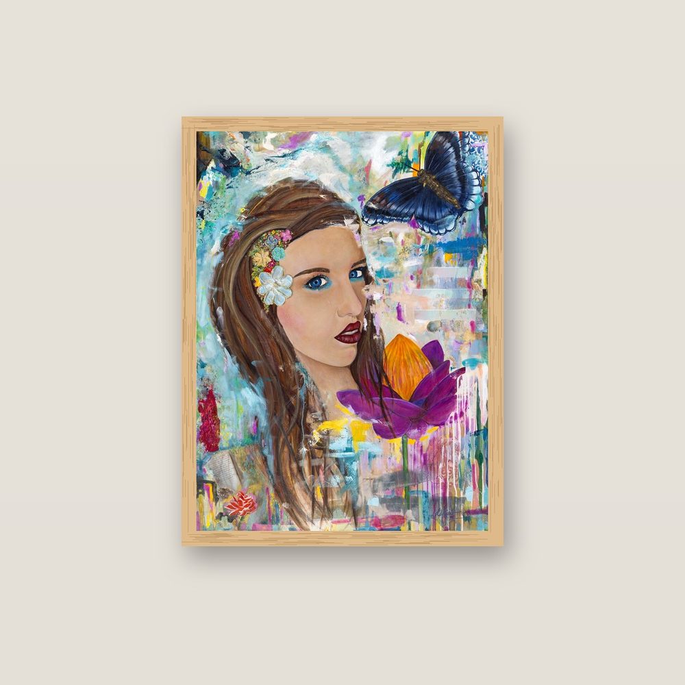 Precious contemporary portrait canvas print by Kerrie Grant in an oak floating frame