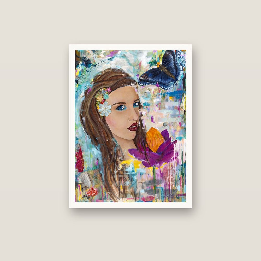 Precious contemporary portrait canvas print by Kerrie Grant in a white floating frame