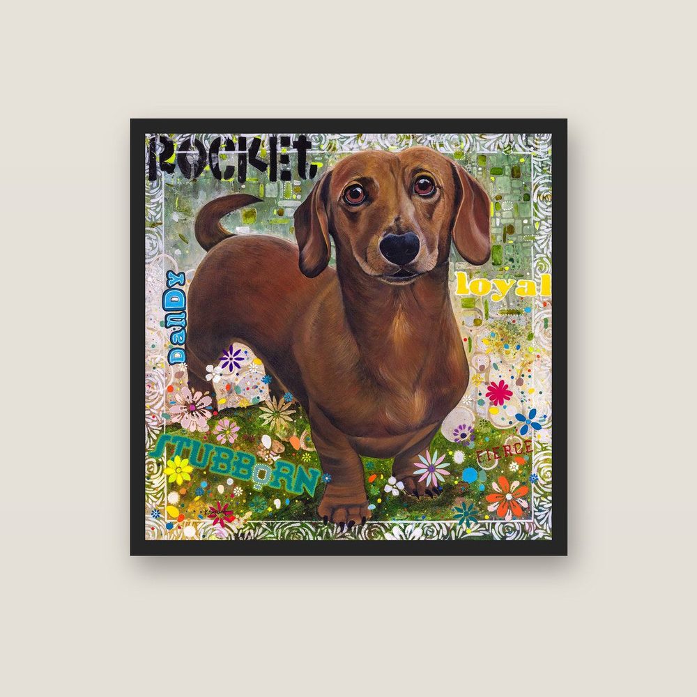 Rocket dachshund canvas print by Kerrie Grant in a black floating frame