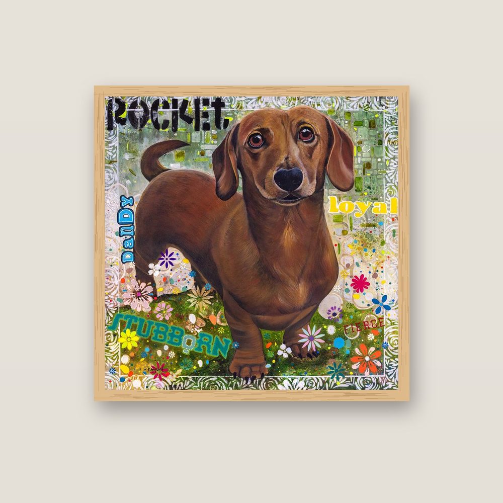 Rocket dachshund canvas print by Kerrie Grant in an oak floating frame