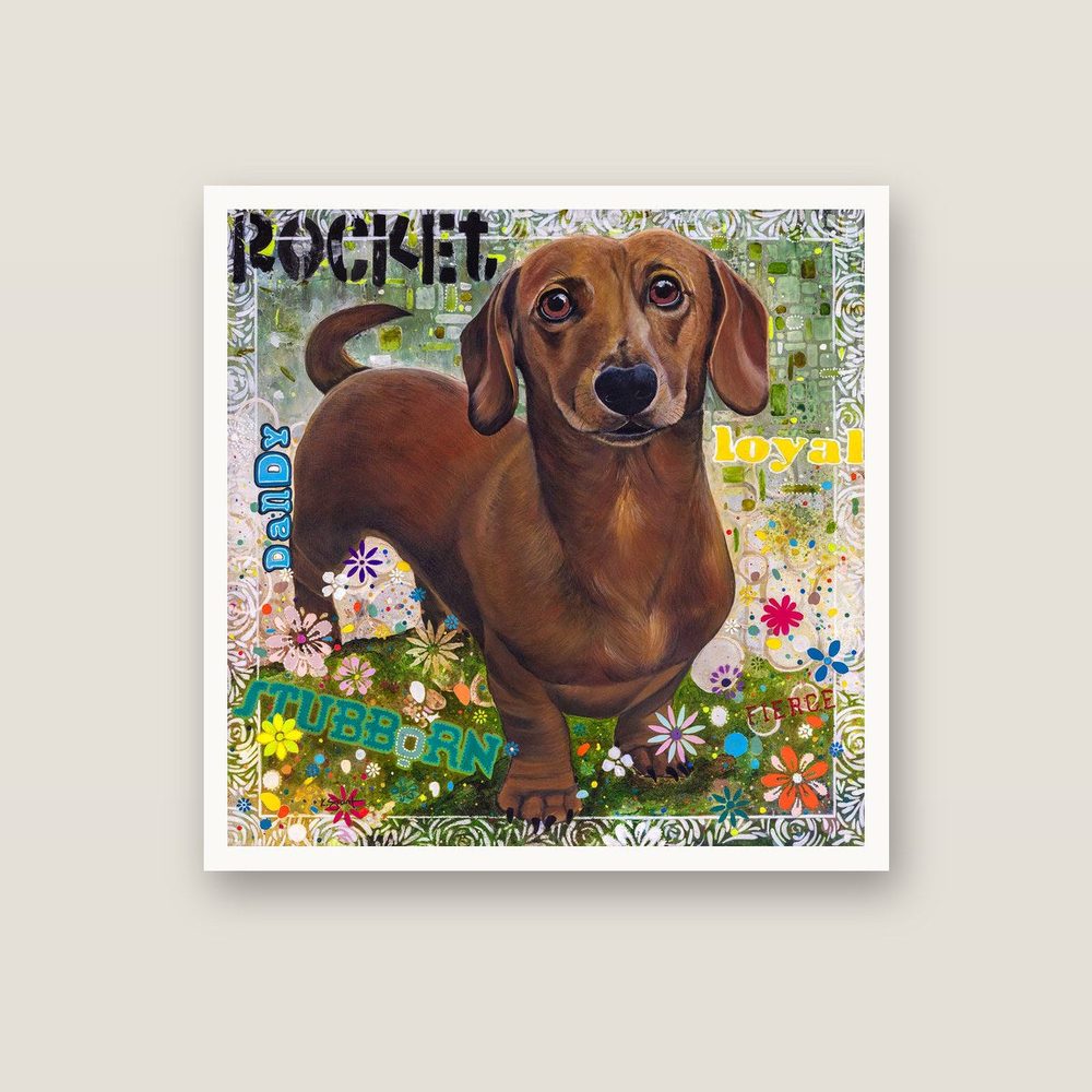 Rocket dachshund canvas print by Kerrie Grant in a white floating frame